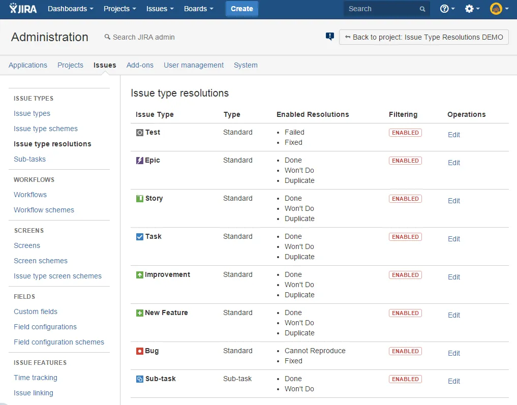 Issue Type Resolutions — screenshot from the Atlassian Marketplace listing