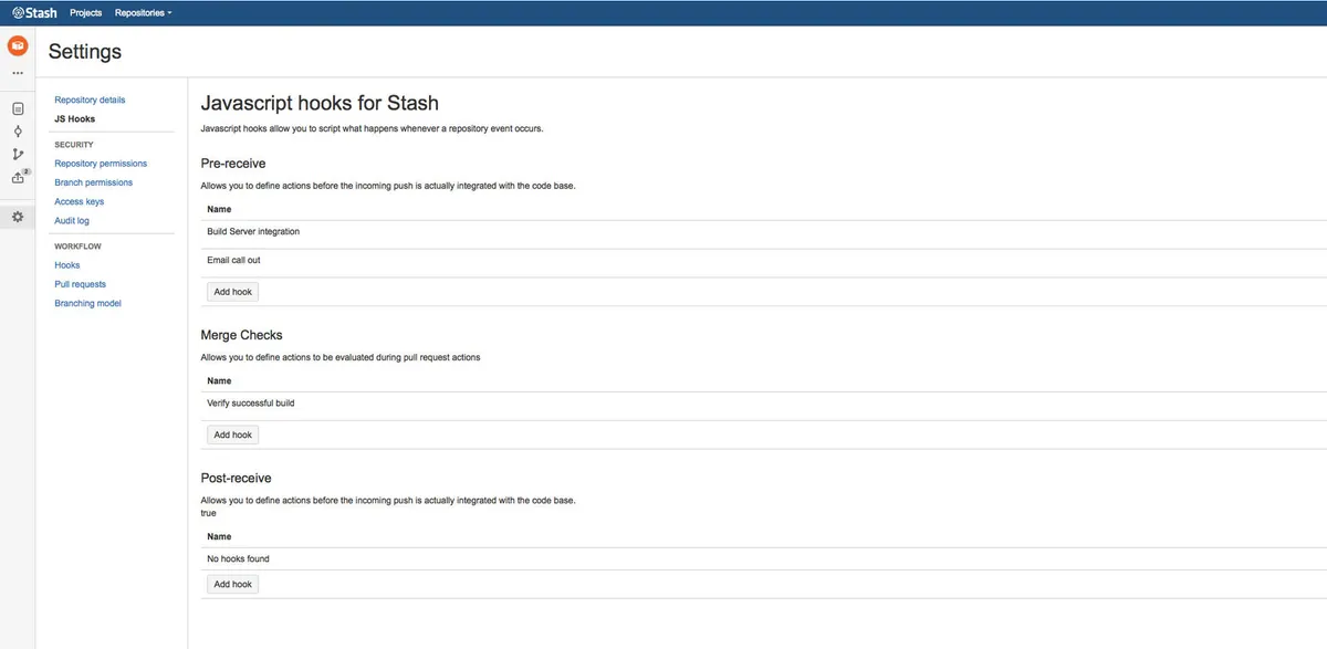 Javascript Hooks for Bitbucket Server — screenshot from the Atlassian Marketplace listing