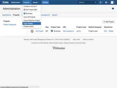 Jira Copy Project Plugin for Atlassian — screenshot