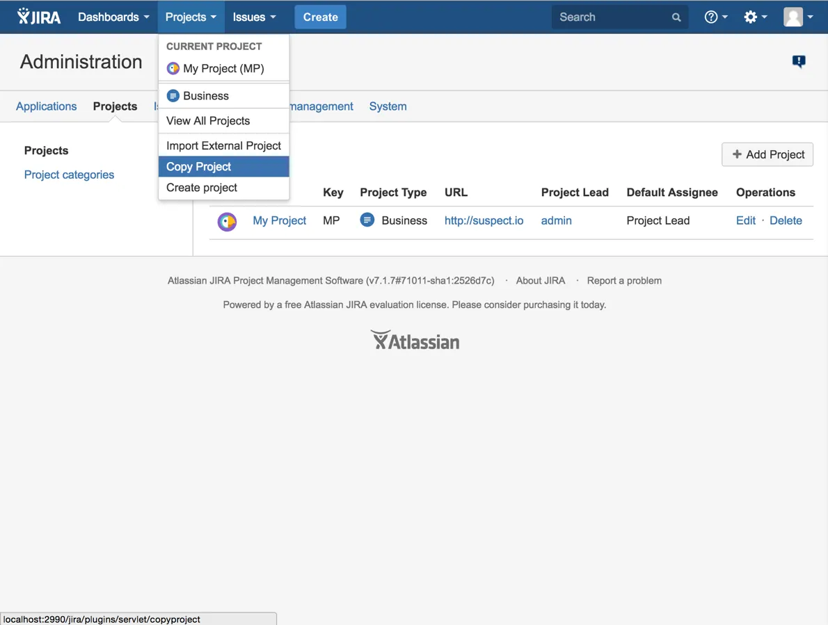 Jira Copy Project Plugin — screenshot from the Atlassian Marketplace listing