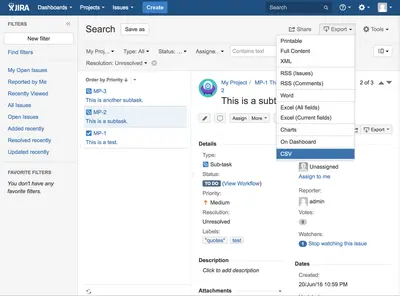 Jira Issues CSV Exporter Plugin for Atlassian — screenshot