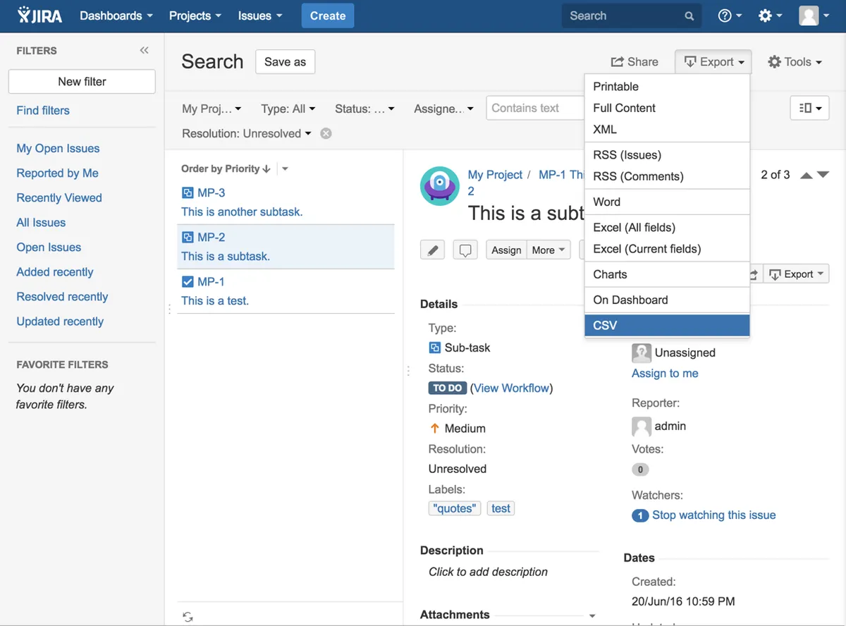 Jira Issues CSV Exporter Plugin — screenshot from the Atlassian Marketplace listing