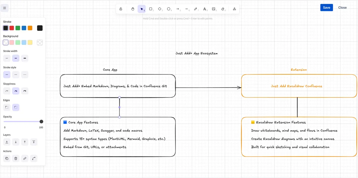 Just Add+ Excalidraw: Create & Embed Diagrams in Confluence — screenshot from the Atlassian Marketplace listing