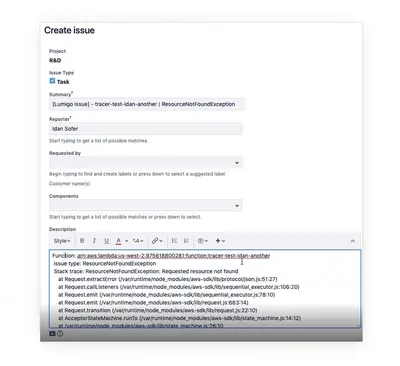 Lumigo Integration for Jira for Atlassian — screenshot