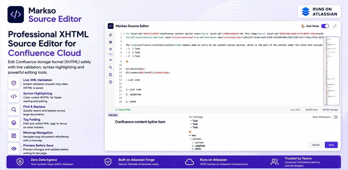 Markdown | Source Editor | Markdown Exporter (FREE) — screenshot from the Atlassian Marketplace listing