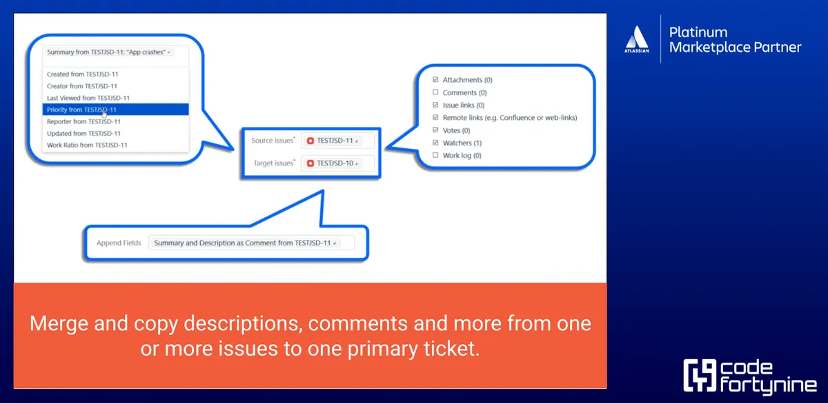 Merge Agent for Jira (JSM Queue & Backlog Issue Merger) — screenshot from the Atlassian Marketplace listing