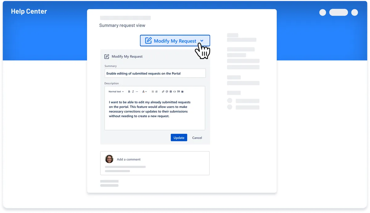 Modify My Request — screenshot from the Atlassian Marketplace listing