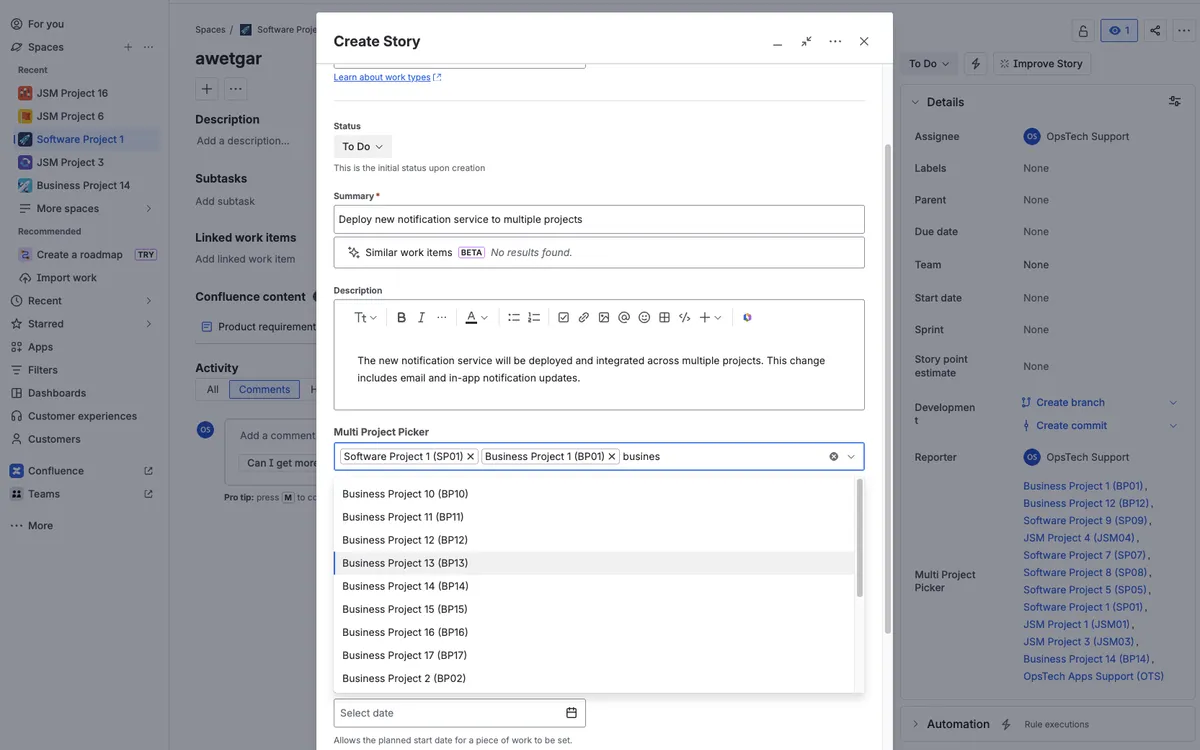 Multi Project Picker Fields — screenshot from the Atlassian Marketplace listing