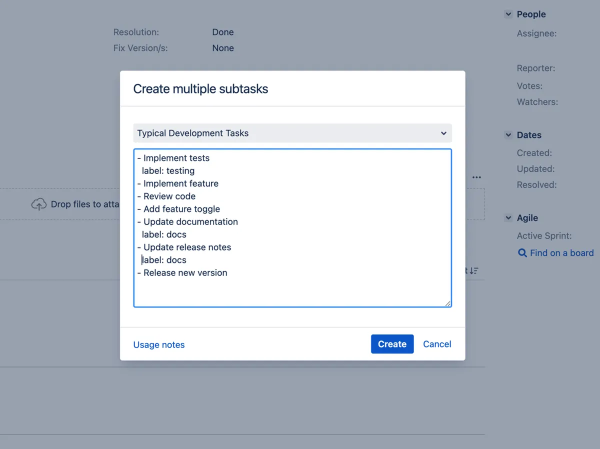 Multiple Subtasks for Jira — screenshot from the Atlassian Marketplace listing