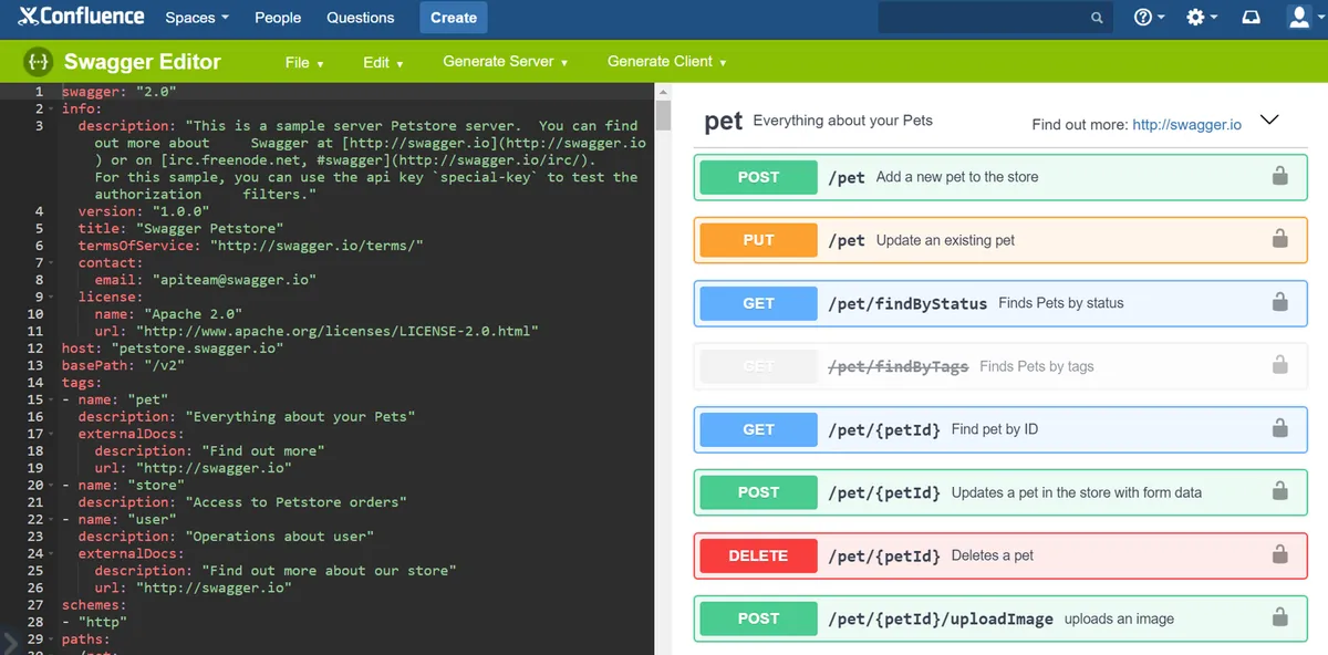 Open API (Swagger) Editor for Confluence — screenshot from the Atlassian Marketplace listing