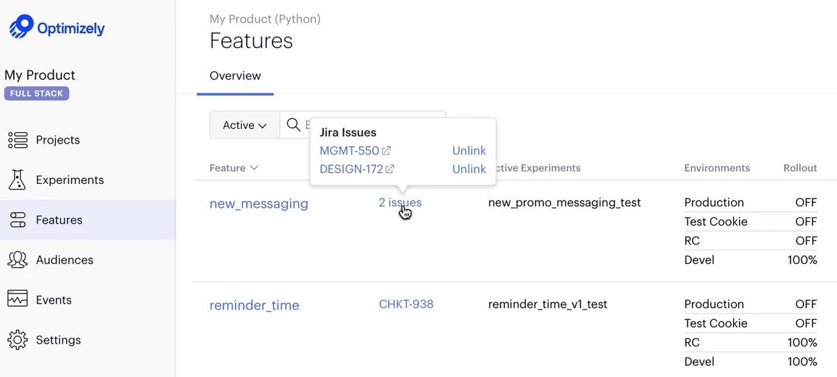 Optimizely for Jira — screenshot from the Atlassian Marketplace listing