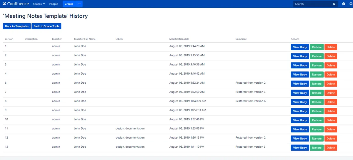 Page Templates Change History Control — screenshot from the Atlassian Marketplace listing