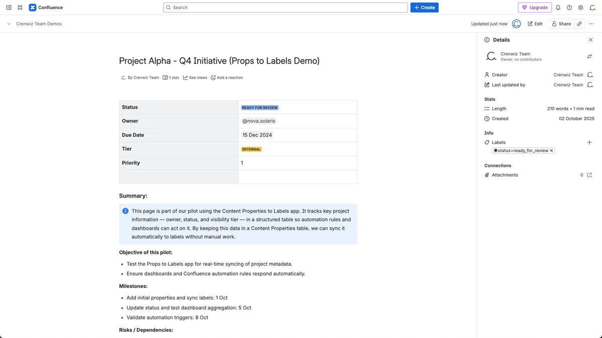 PagePropsToLabels — screenshot from the Atlassian Marketplace listing
