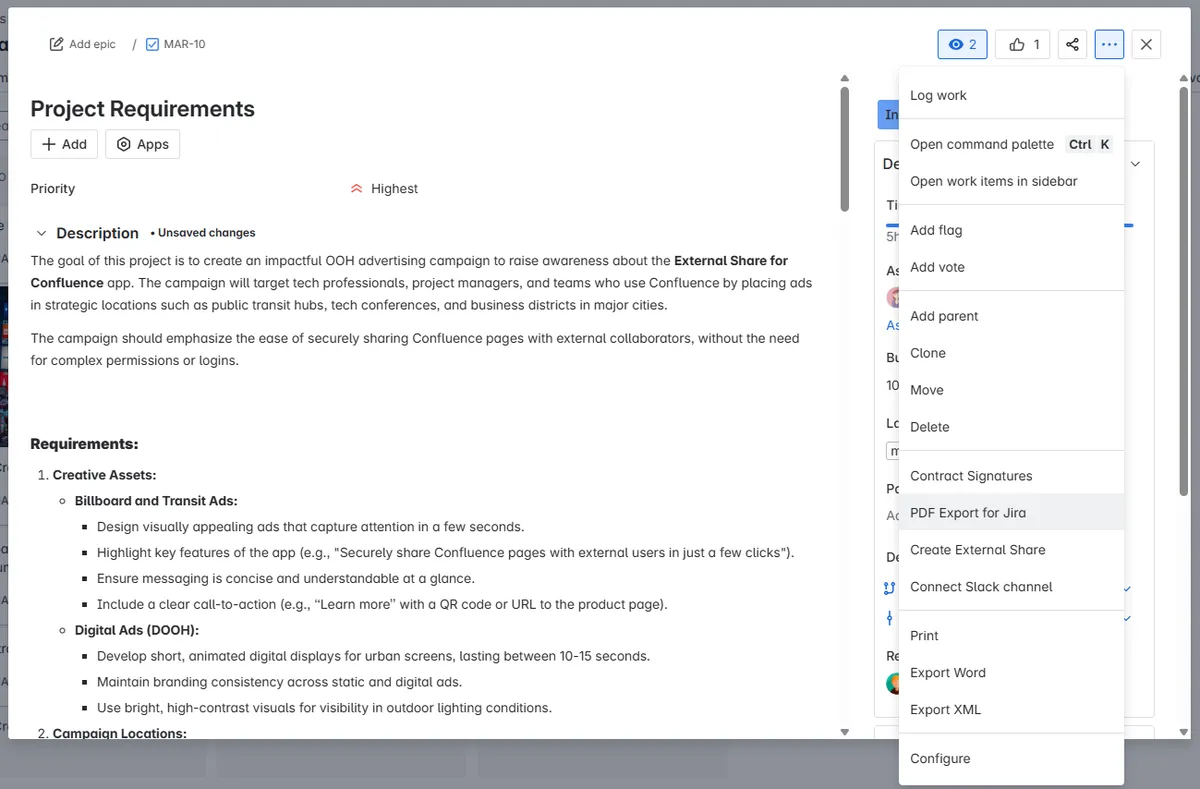 PDF Export for Jira — screenshot from the Atlassian Marketplace listing