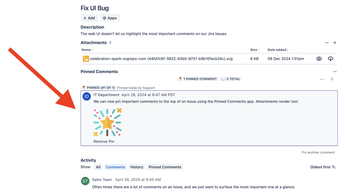 Pinned Comments — screenshot from the Atlassian Marketplace listing