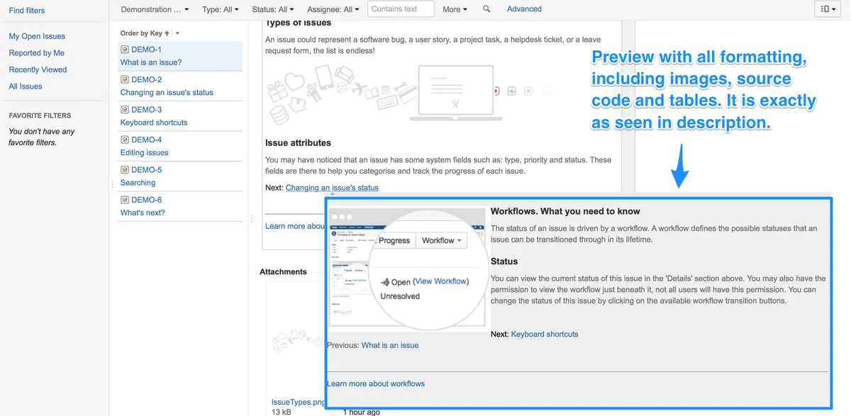 Preview Issue Description — screenshot from the Atlassian Marketplace listing