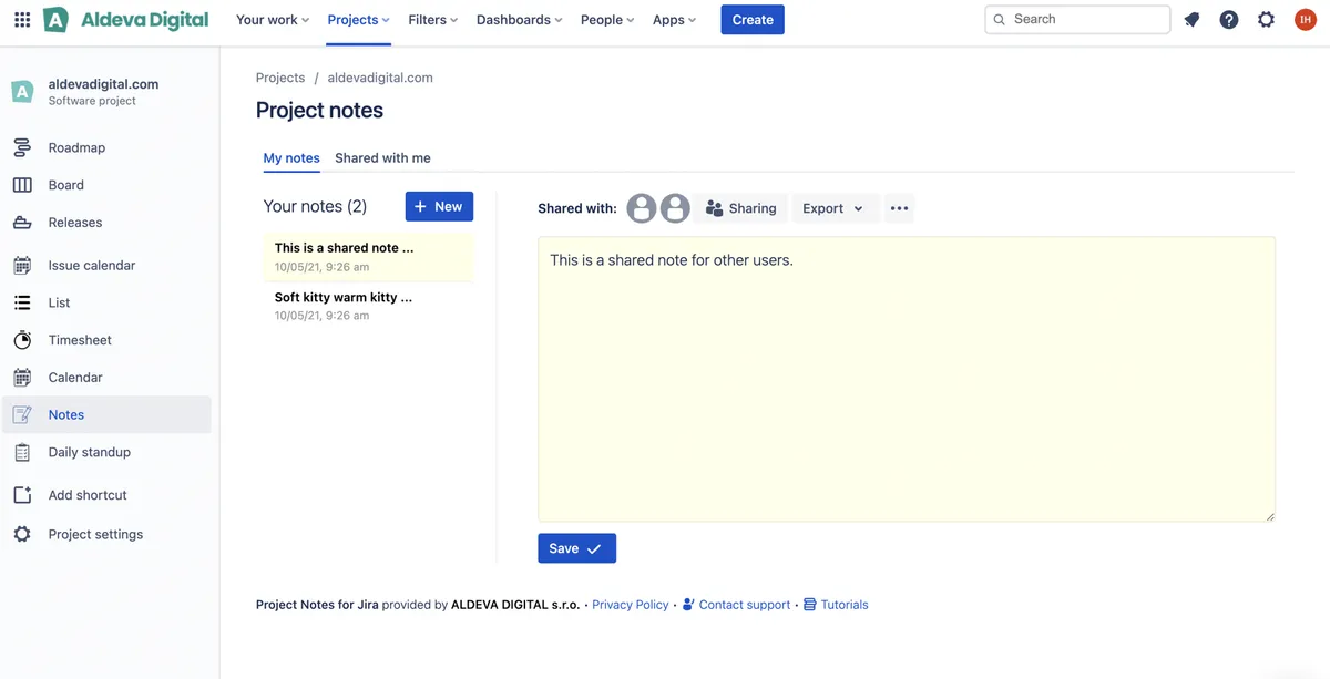 Project Notes for Jira — screenshot from the Atlassian Marketplace listing