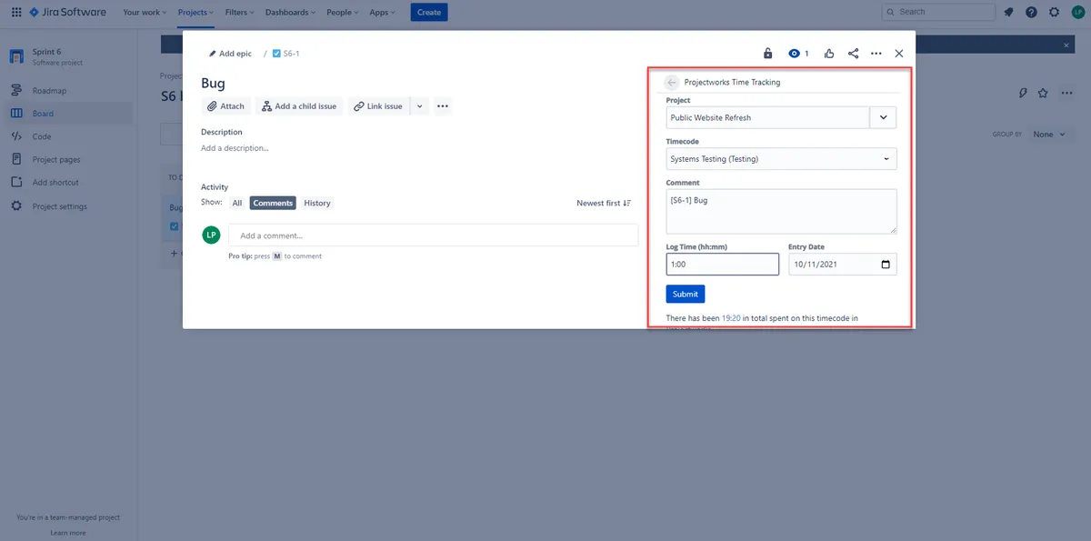 Projectworks Time Tracking — screenshot from the Atlassian Marketplace listing