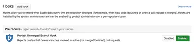 Protect Unmerged Branch Hook for Bitbucket Data Center for Atlassian — screenshot