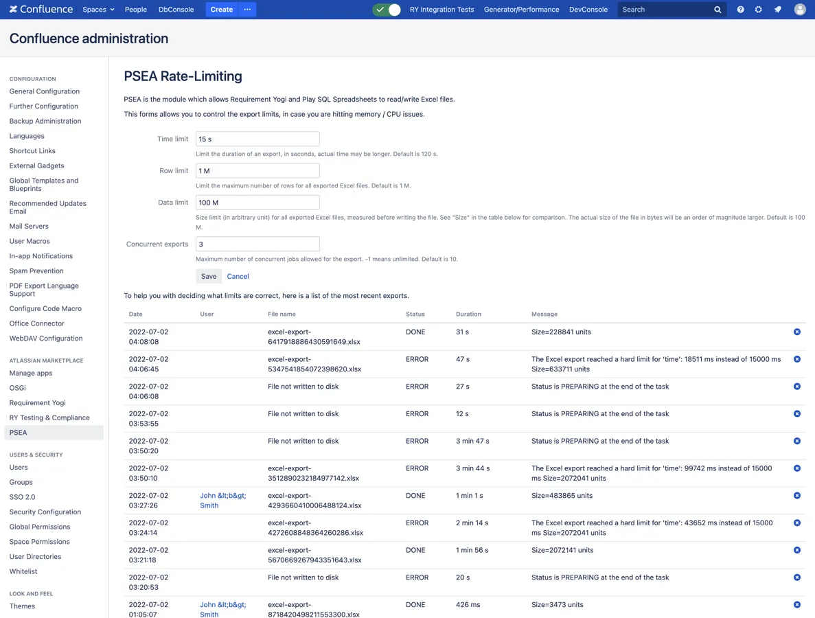 PSEA (Export feature) — screenshot from the Atlassian Marketplace listing