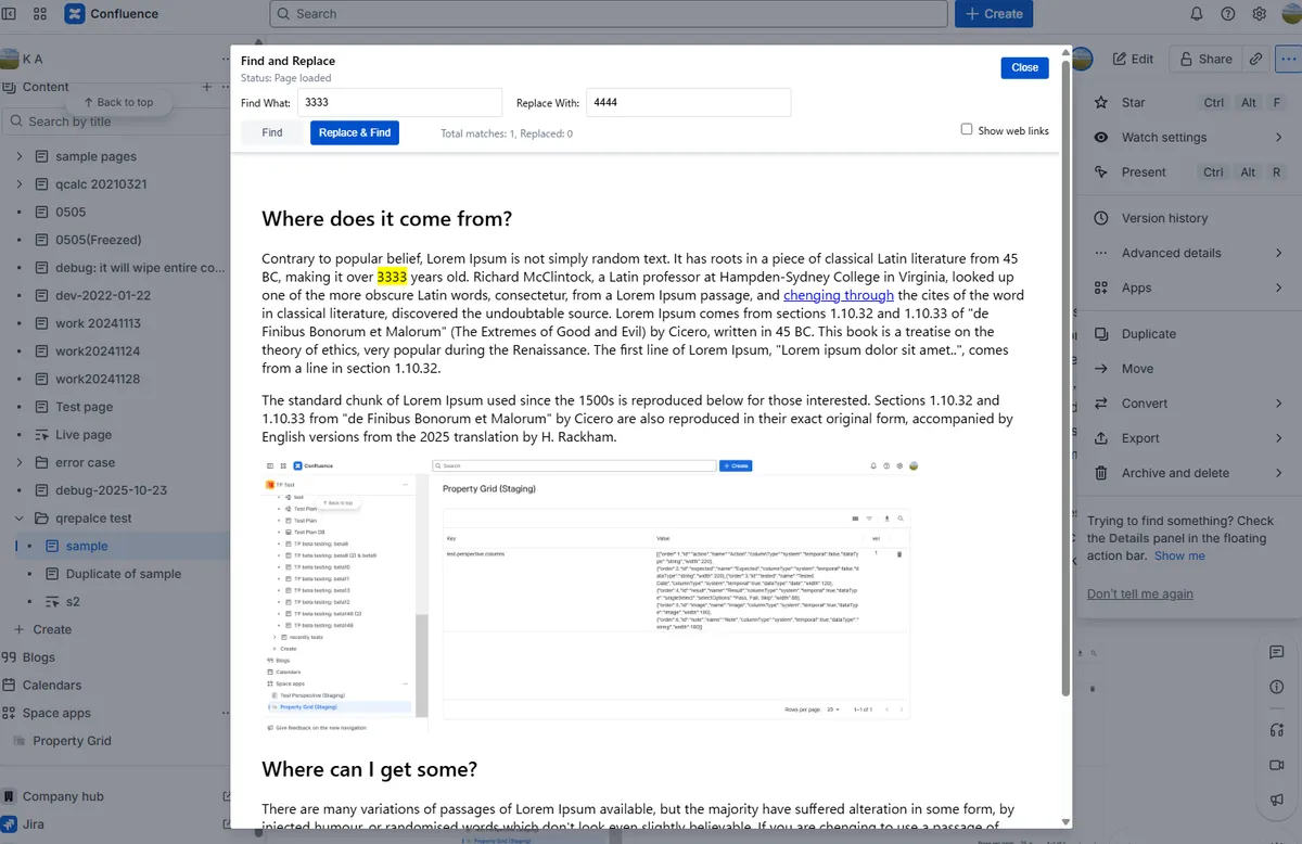 Qron Search and Replace for Confluence — screenshot from the Atlassian Marketplace listing