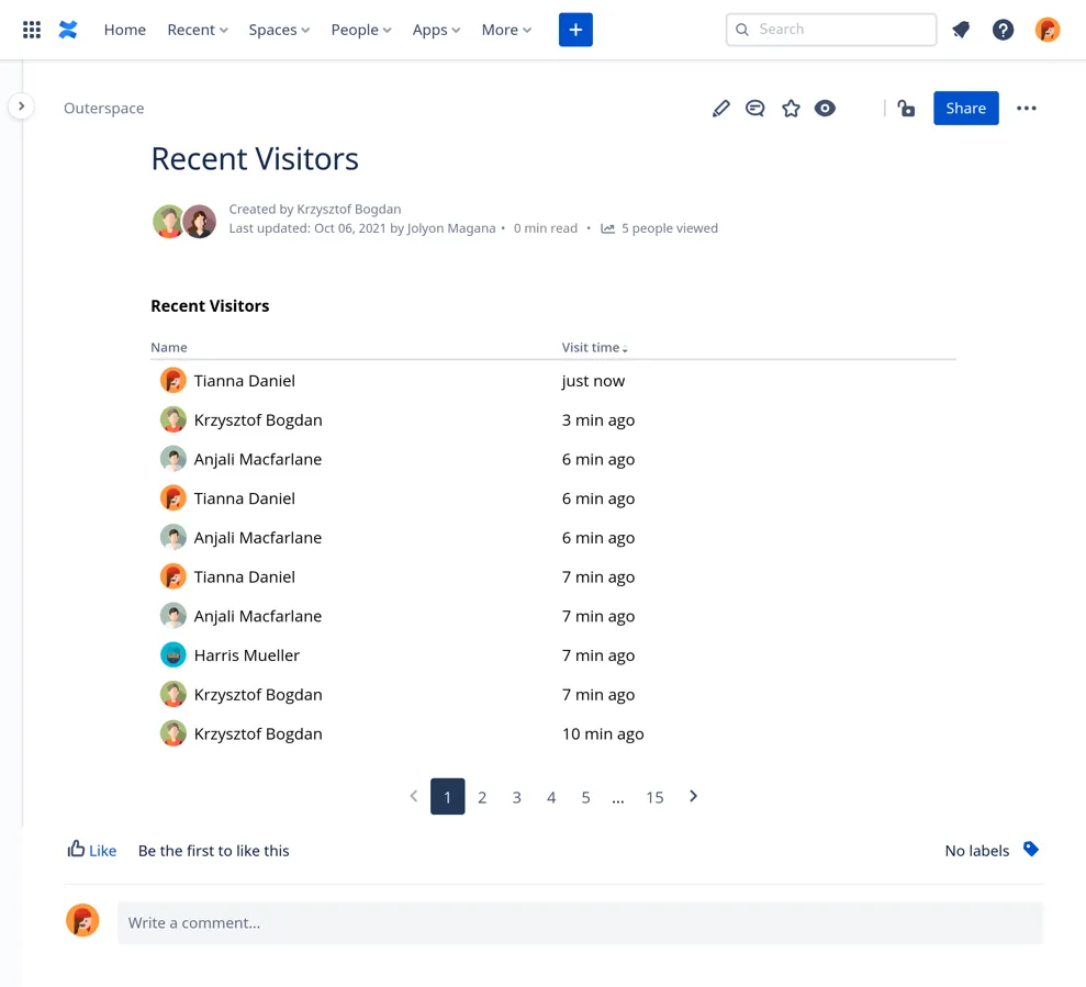 Recent Visitors for Confluence — screenshot from the Atlassian Marketplace listing