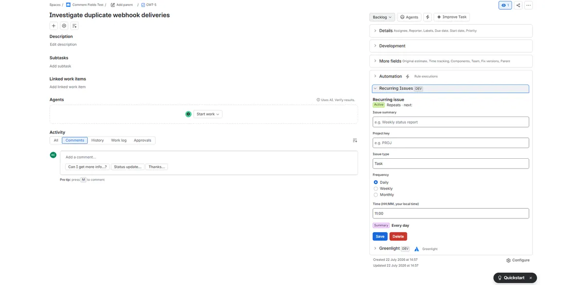 Recurring Issues — screenshot from the Atlassian Marketplace listing