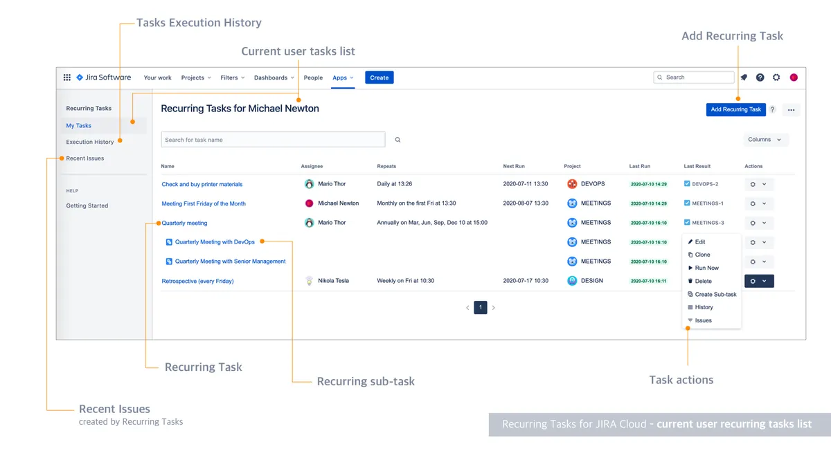 Recurring Tasks for Jira Cloud — screenshot from the Atlassian Marketplace listing