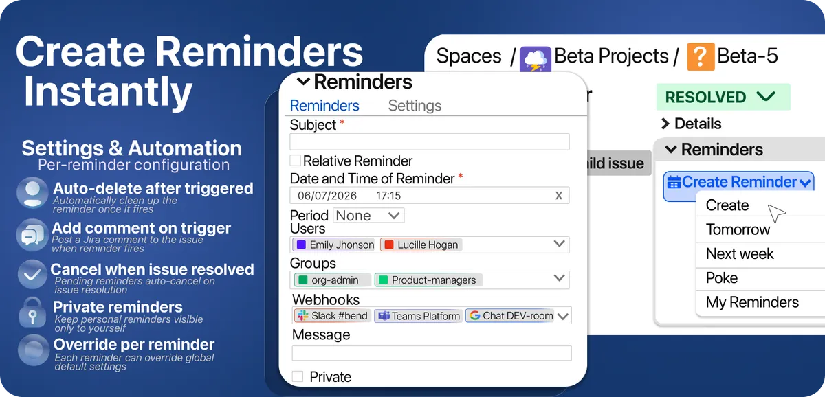 Reminders — screenshot from the Atlassian Marketplace listing