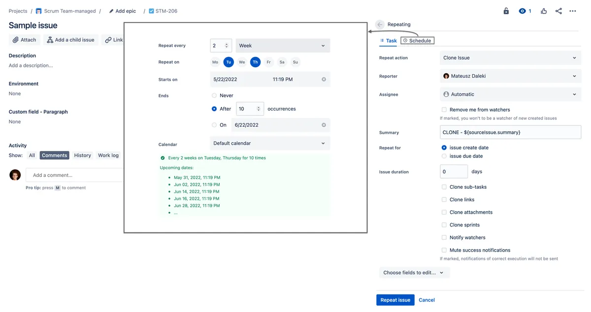 Repeating Issues for Jira — screenshot from the Atlassian Marketplace listing