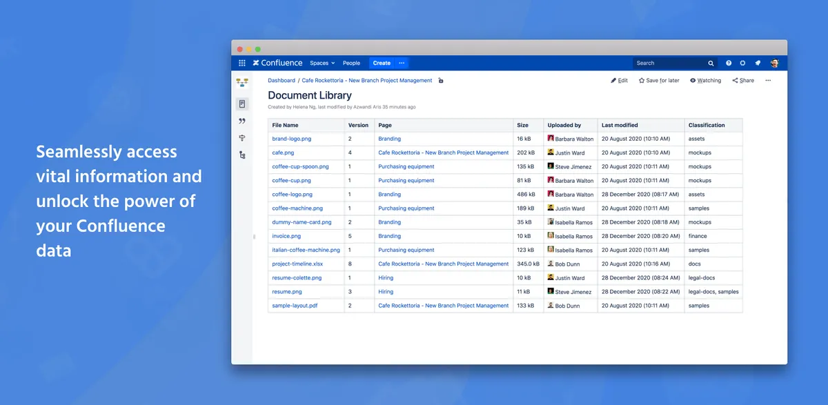 Reporting for Confluence — screenshot from the Atlassian Marketplace listing