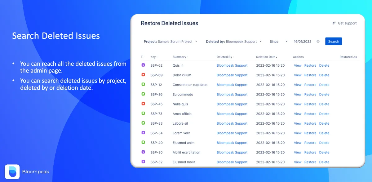 Restore Deleted Issues — screenshot from the Atlassian Marketplace listing