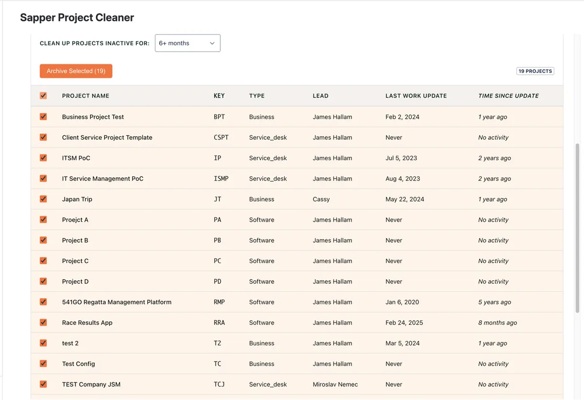 Sapper Project Cleaner — screenshot from the Atlassian Marketplace listing