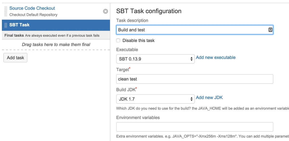 SBT Task Plugin for Bamboo — screenshot from the Atlassian Marketplace listing