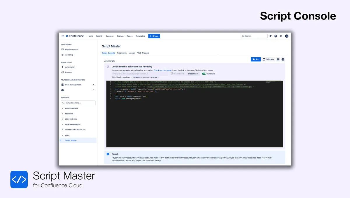 Script Master for Confluence — screenshot from the Atlassian Marketplace listing