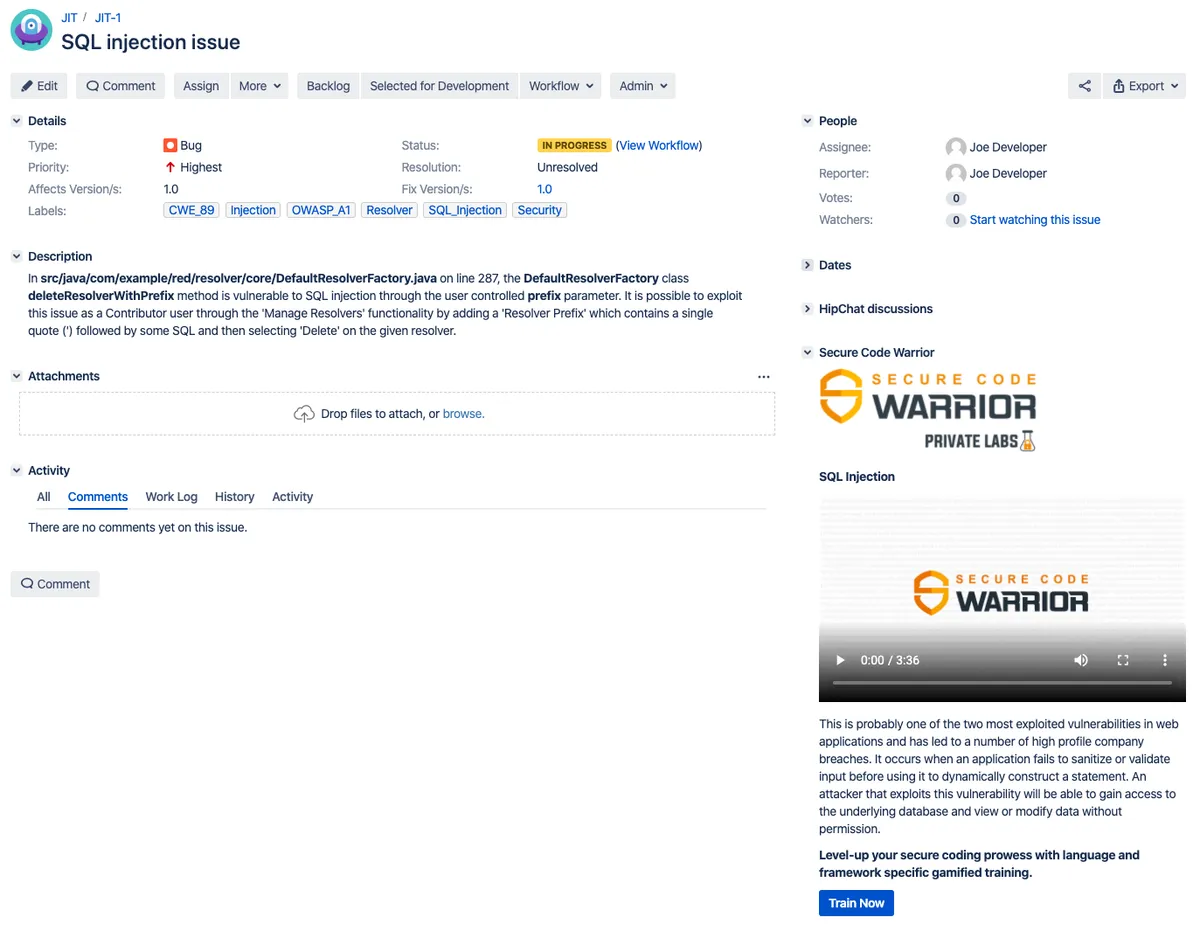 Secure Code Warrior® for Jira — screenshot from the Atlassian Marketplace listing