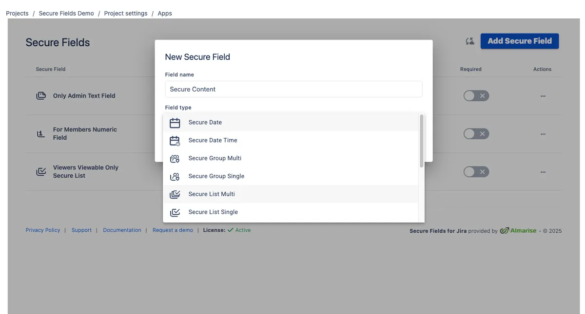 Secure Fields - Data Security & Privacy — screenshot from the Atlassian Marketplace listing