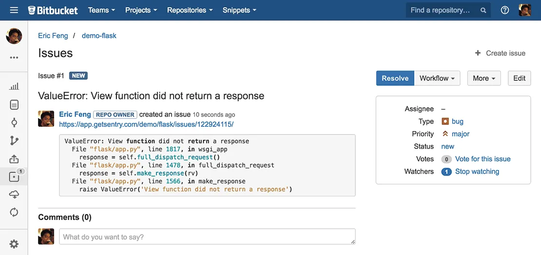 Sentry for Bitbucket — screenshot from the Atlassian Marketplace listing