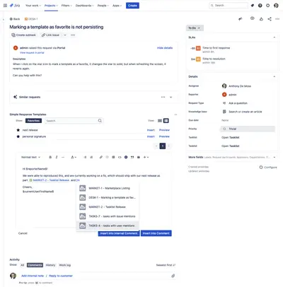 Simple Response Templates for Jira for Atlassian — screenshot