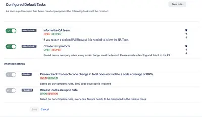 Smart Default Tasks for Pull Requests for Atlassian — screenshot