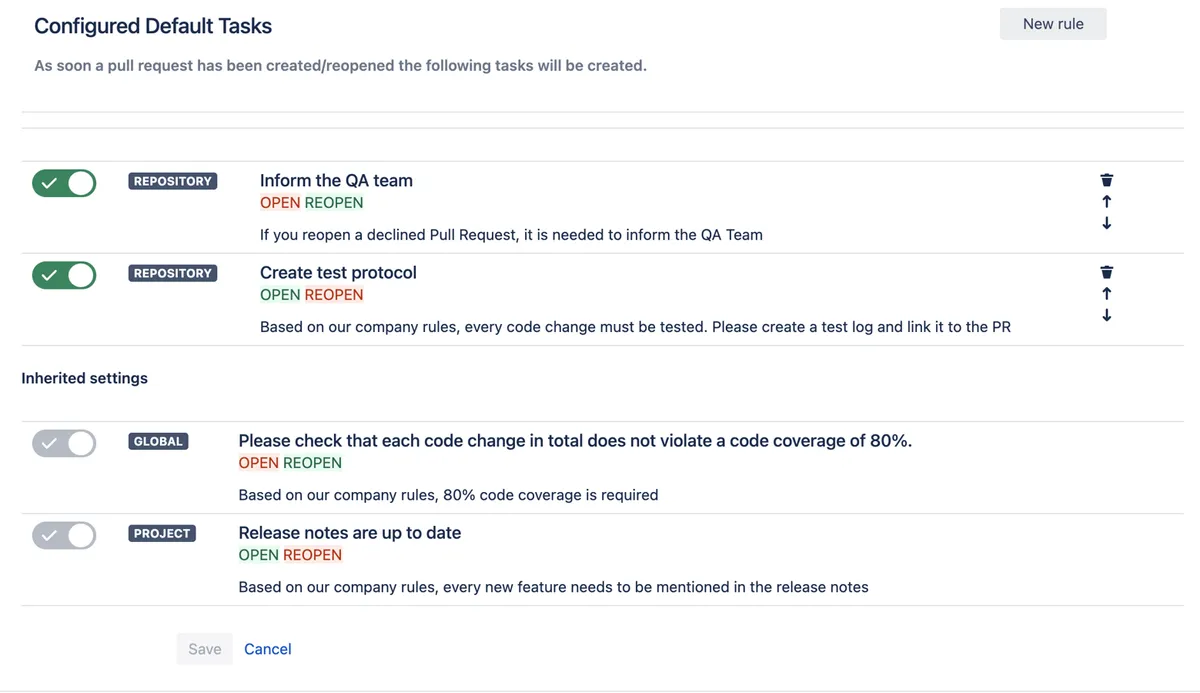 Smart Default Tasks for Pull Requests — screenshot from the Atlassian Marketplace listing