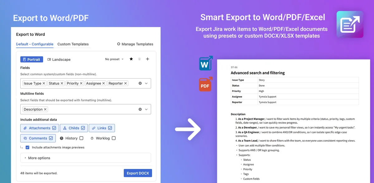 Smart Export to Word, PDF & Excel — screenshot from the Atlassian Marketplace listing