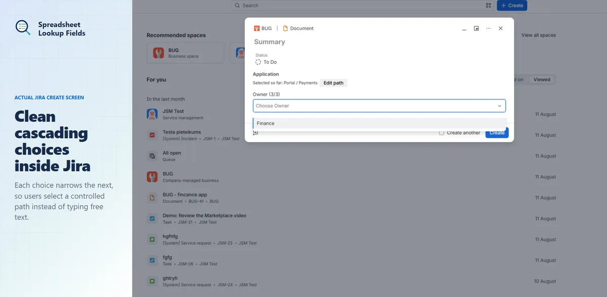 Spreadsheet Lookup Fields for Jira — screenshot from the Atlassian Marketplace listing