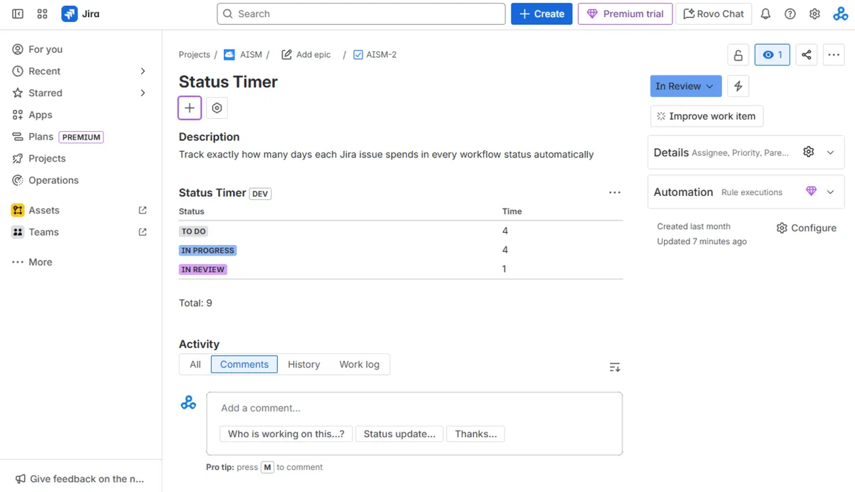Status Time — screenshot from the Atlassian Marketplace listing