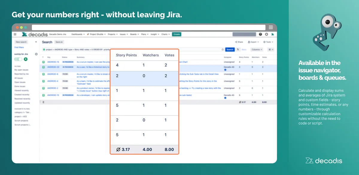 sumUp for Jira — screenshot from the Atlassian Marketplace listing