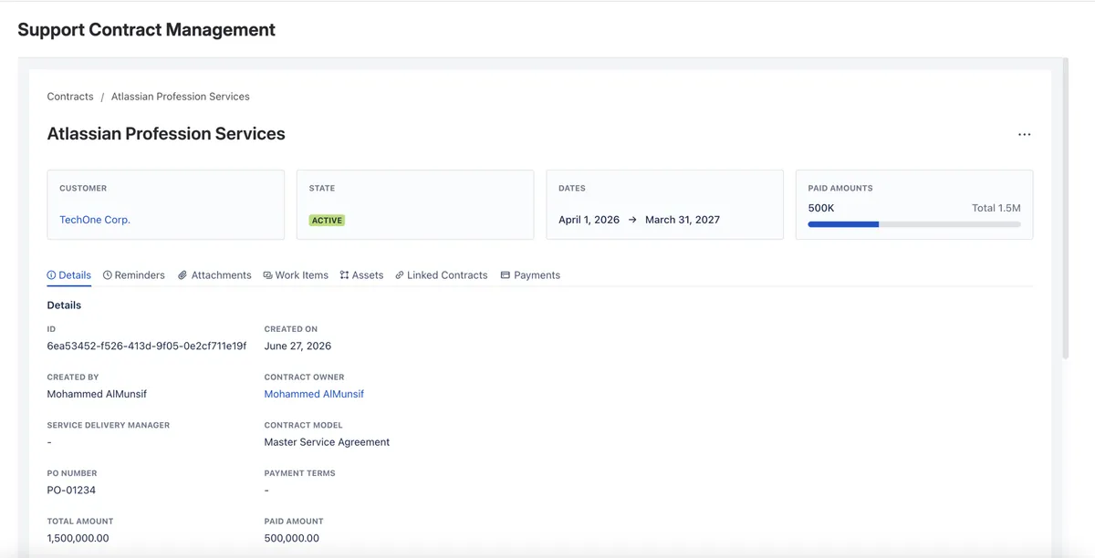 Support Contract Management — screenshot from the Atlassian Marketplace listing