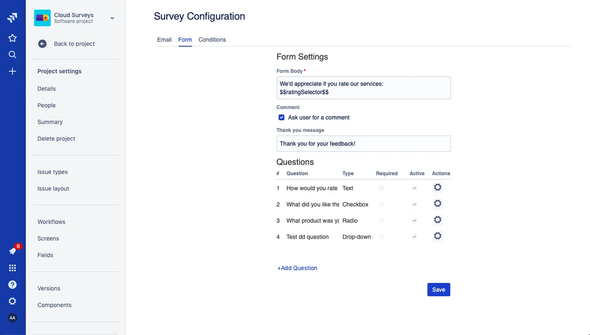 Surveys for Jira - Jira Customer Surveys — screenshot from the Atlassian Marketplace listing