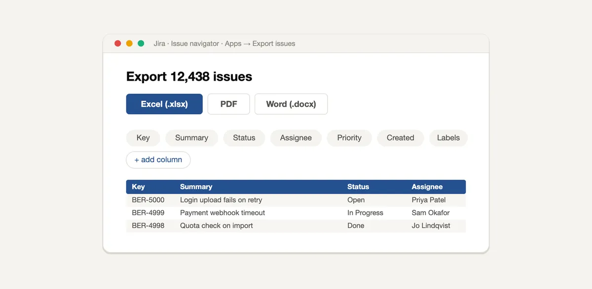 Tablet · Export for Jira — screenshot from the Atlassian Marketplace listing