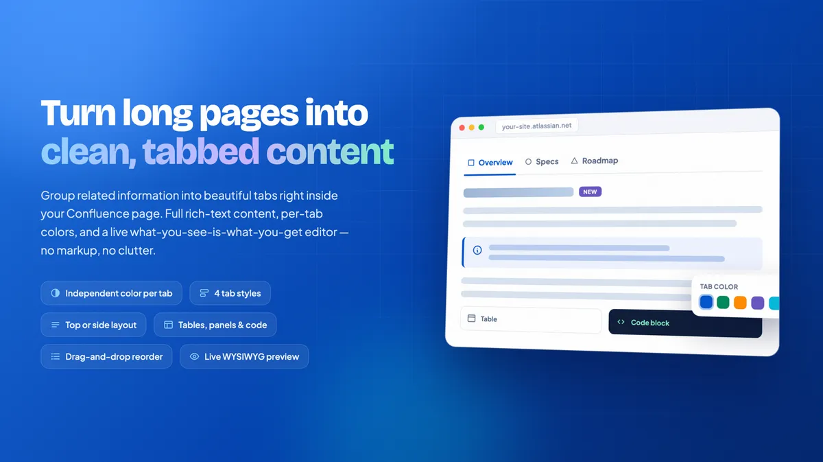 Tabs Macro for Confluence — screenshot from the Atlassian Marketplace listing