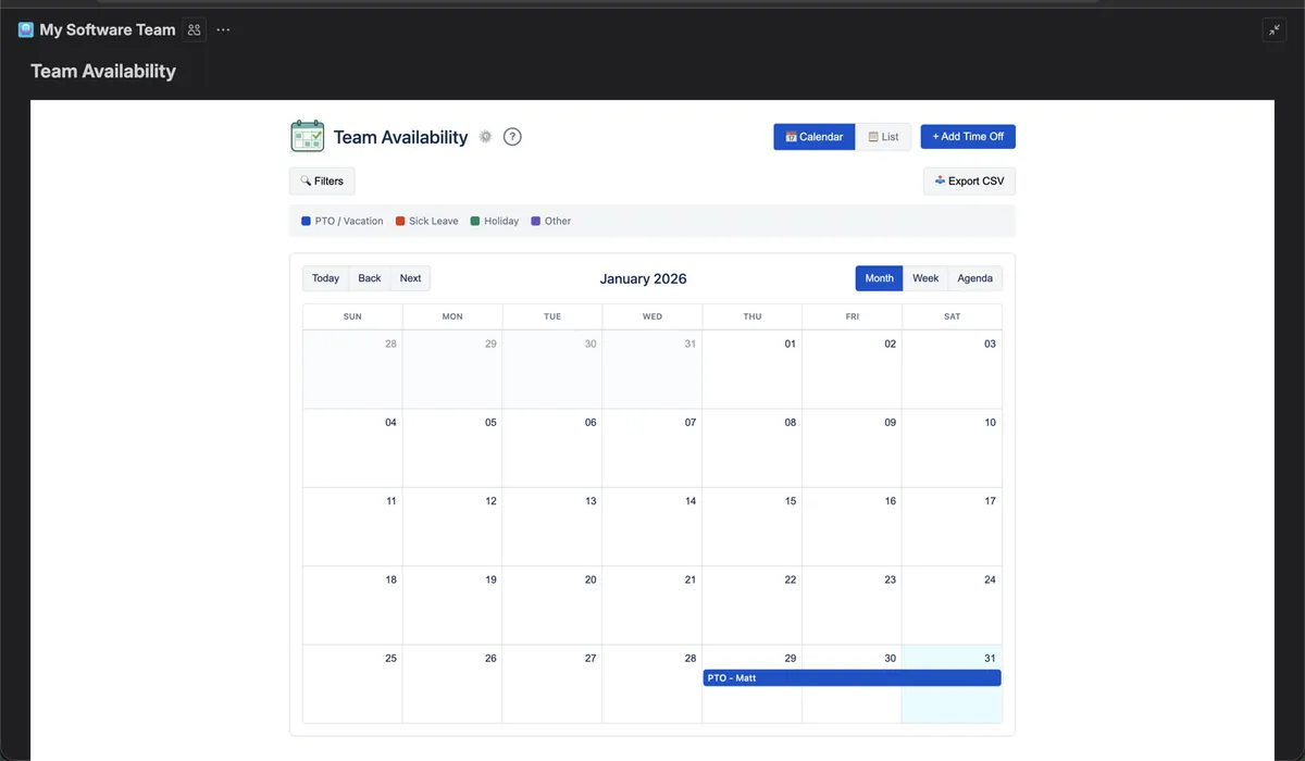 Team Availability - PTO Tracker — screenshot from the Atlassian Marketplace listing